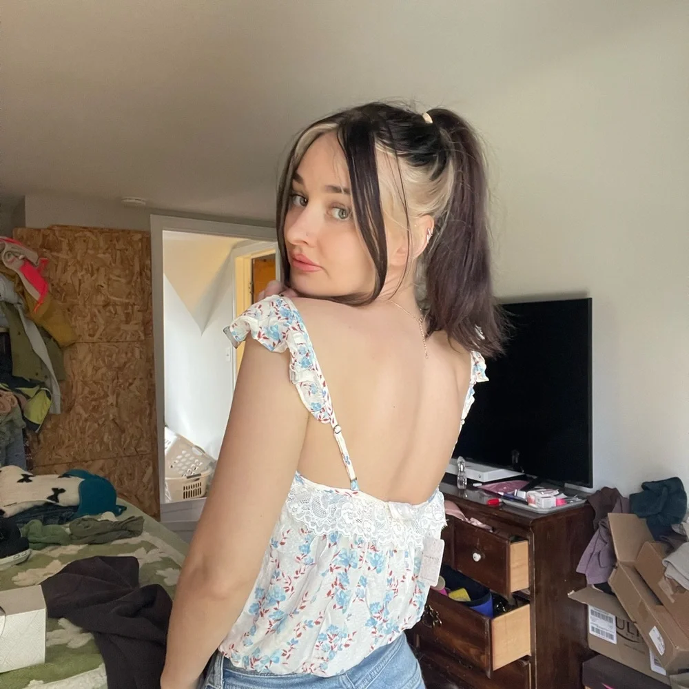 Free People Floral Lace Bodysuit - Cream and Blue
